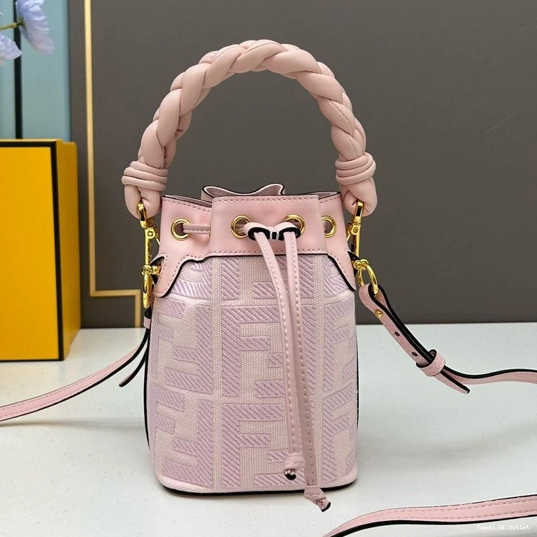 Affordable HOT Motif Mini with Bucket Tresor Pink Handle In Bag FF Fendi Mon Woven Canvas 0727